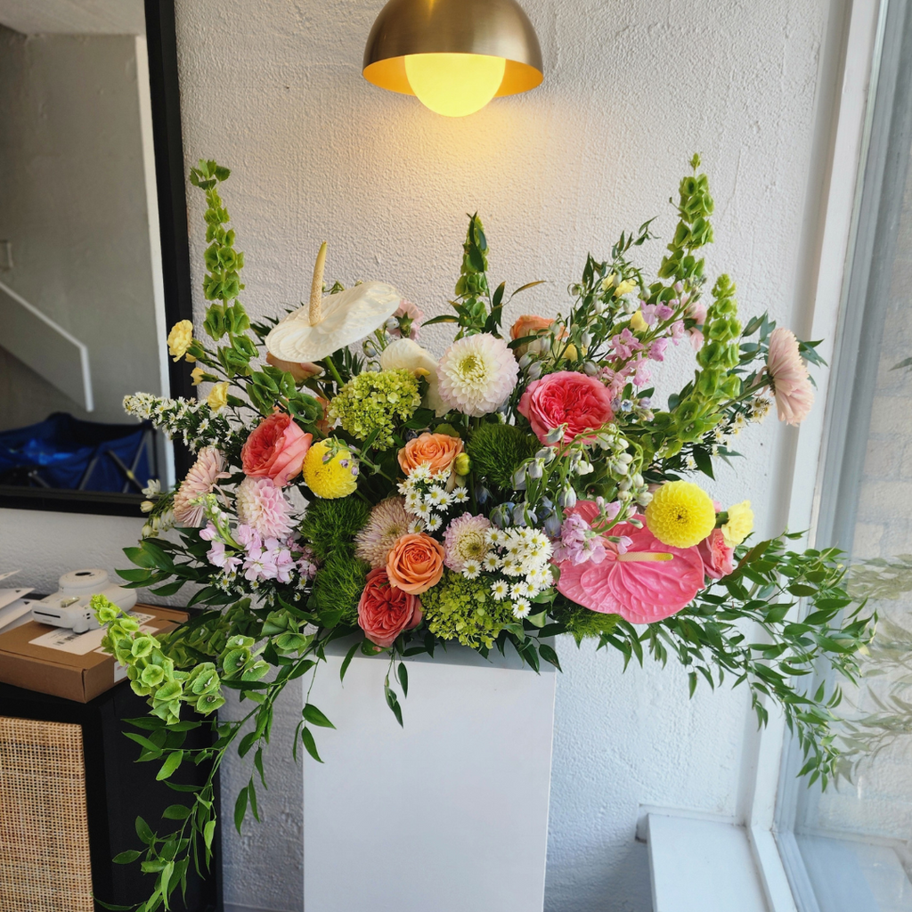 Whimsical Garden Flower Installation – Luxe Seasonal Blooms, 36 x 24 in, Perfect for Weddings & Events