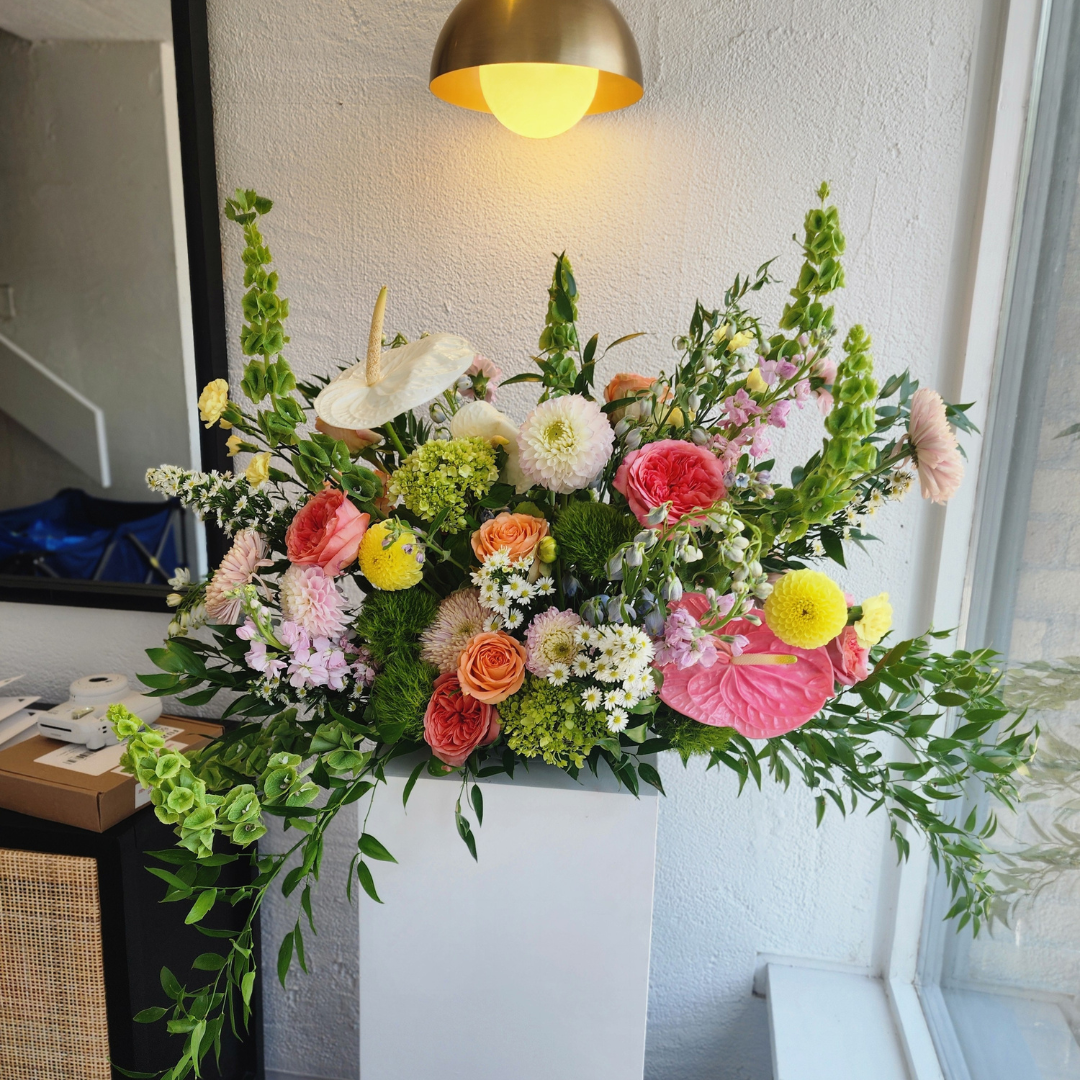 Whimsical Garden Flower Installation – Luxe Seasonal Blooms, 36 x 24 in, Perfect for Weddings & Events