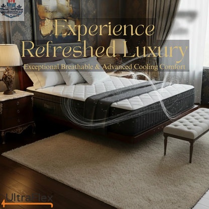 UltraFlex Opulence mattress and box spring set showing the medium firm orthopedic hybrid with cooling gel and pocket coil system.