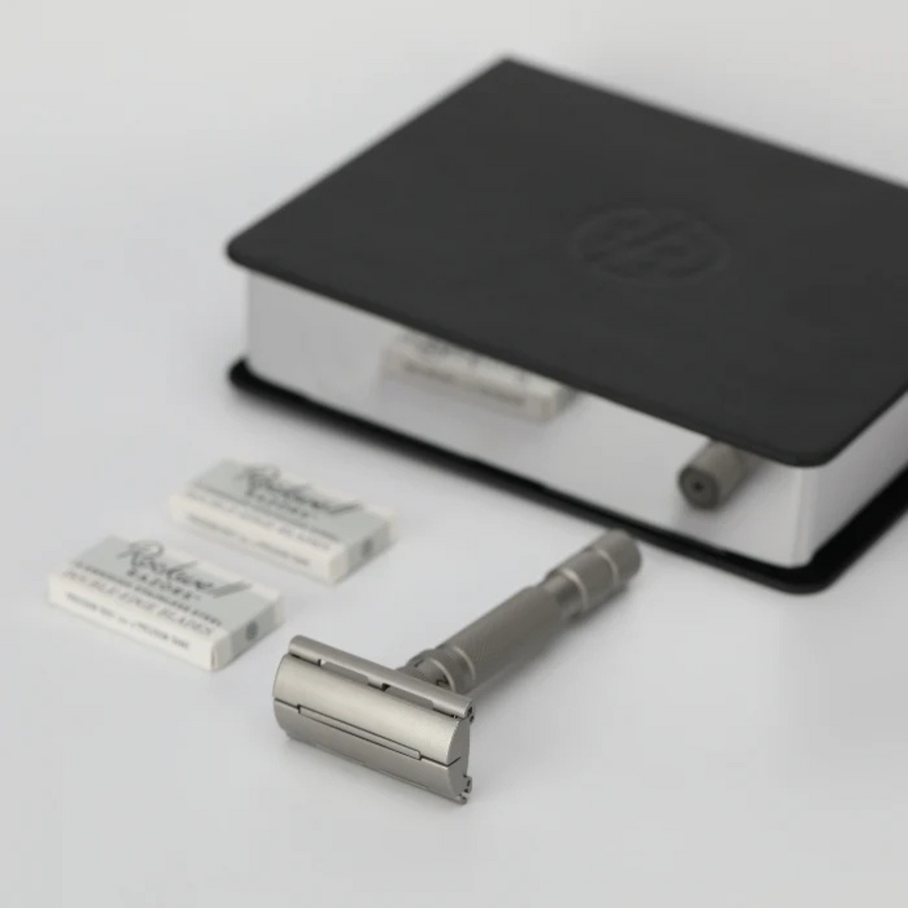 Rockwell T2 Adjustable DE Safety Razor - Matte Silver Stainless Steel Twist-To-Open Design