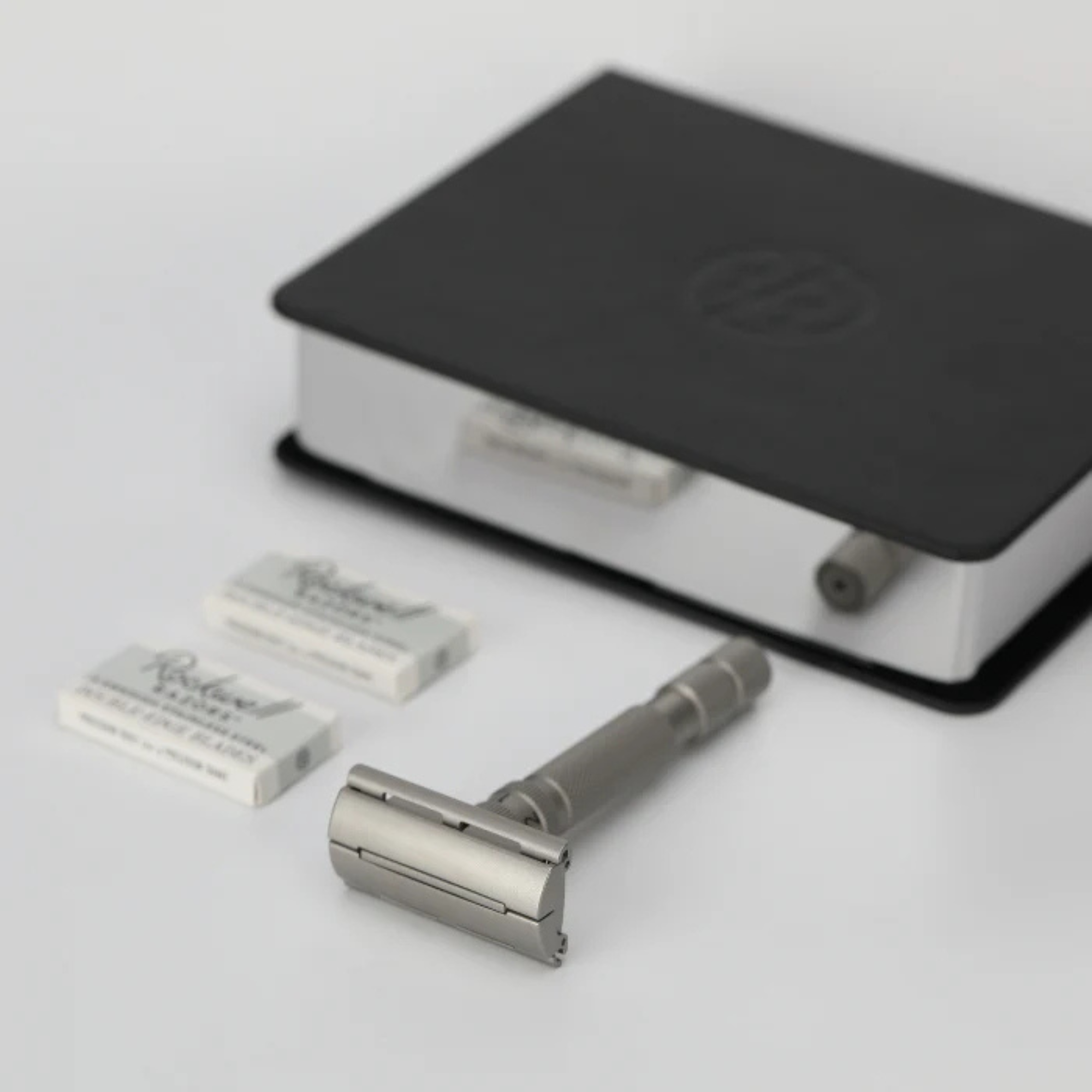 Rockwell T2 Adjustable DE Safety Razor - Matte Silver Stainless Steel Twist-To-Open Design
