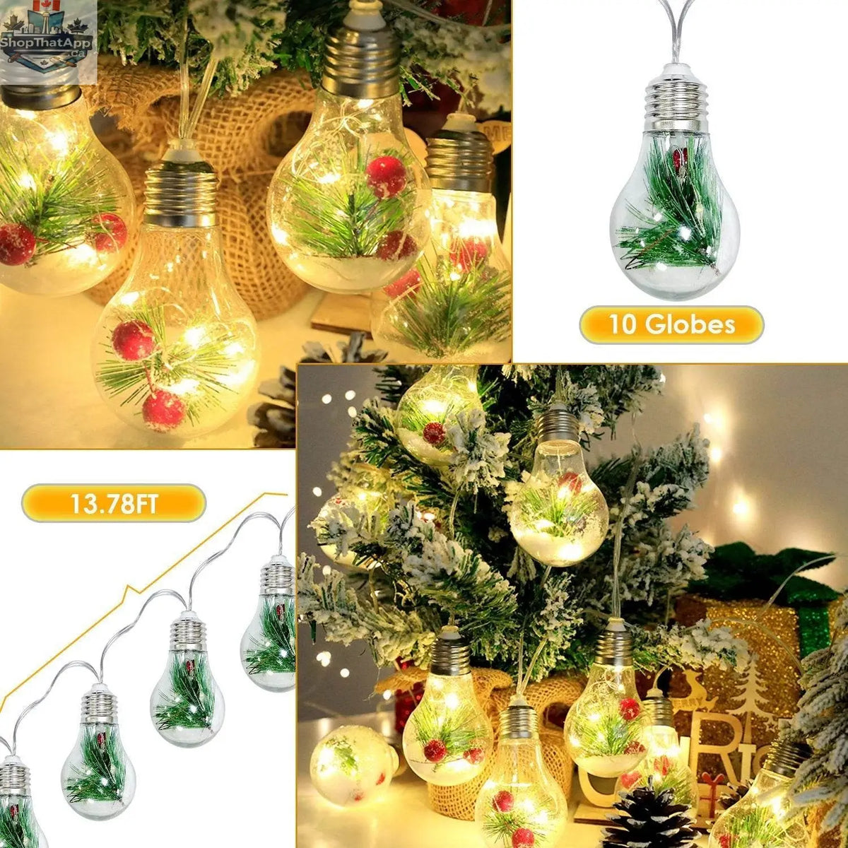 13.78ft Christmas snow globe string lights with 10 LED bulbs, pine needles, snowflakes, berries, and ultrasonic rodent repellent.