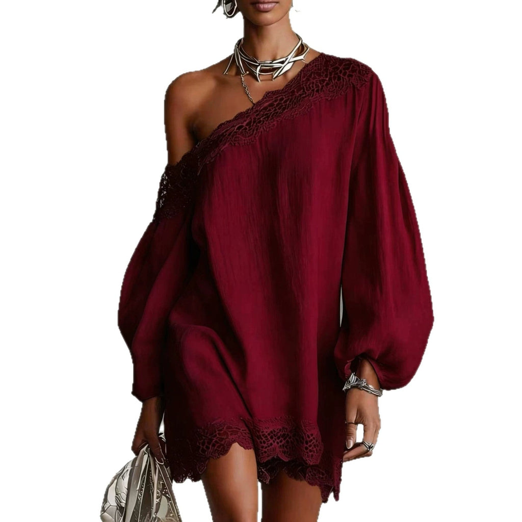 Women's Off-Shoulder Long Sleeve Mini Dress | Lace Trim Dress