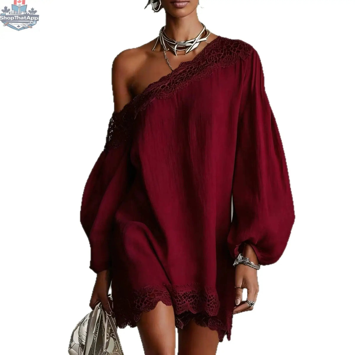 Women's Off-Shoulder Long Sleeve Mini Dress | Lace Trim Dress - Shopthatapp.ca