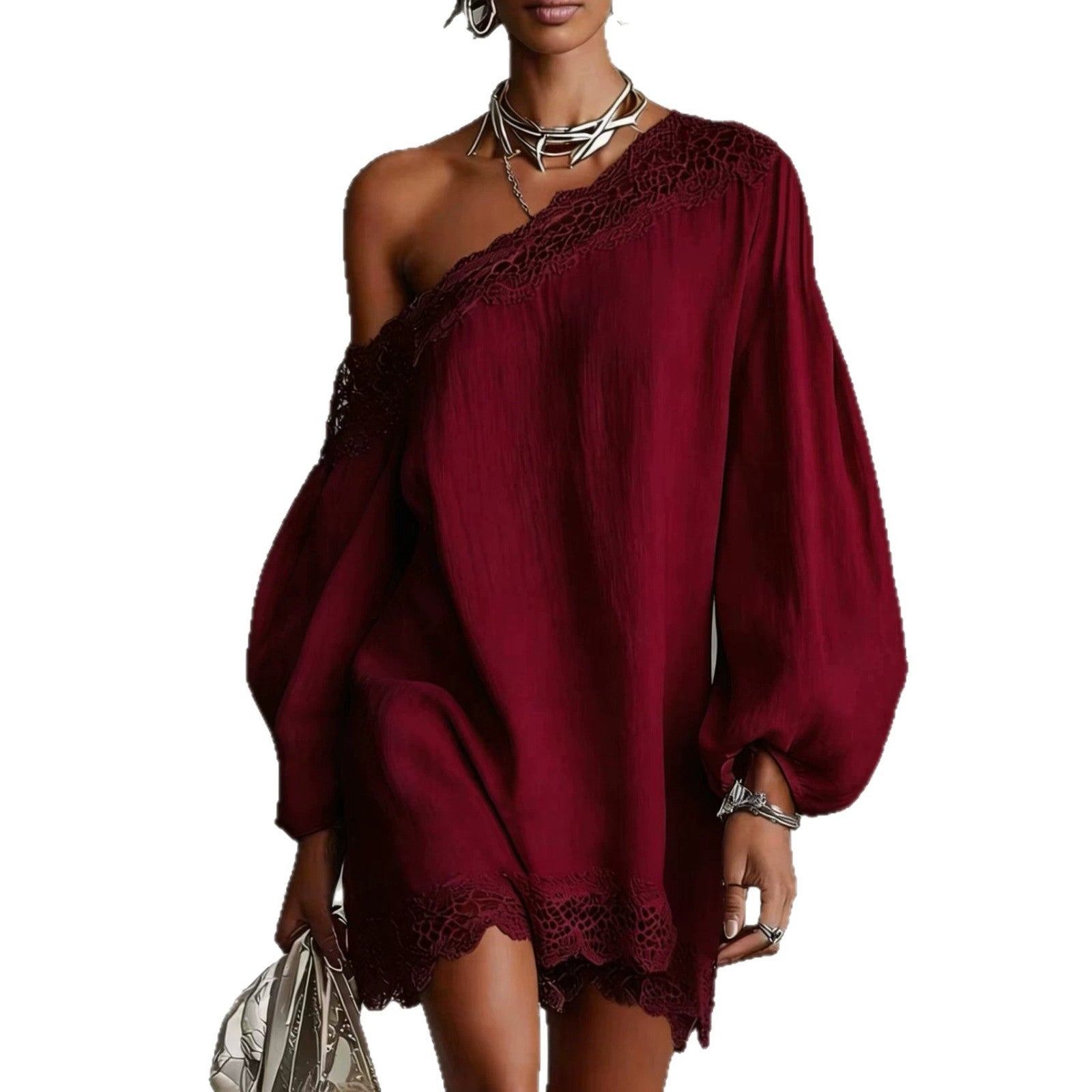 Women's Off-Shoulder Long Sleeve Mini Dress | Lace Trim Dress
