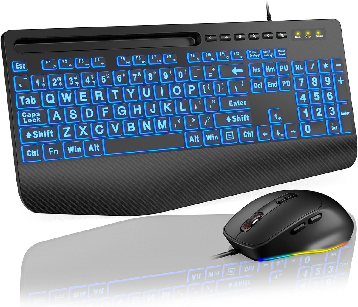 Wired Keyboard Mouse Combo – Large Print Backlit with Ergonomic Wrist Rest & 6-DPI RGB Mouse--www.Shopthatapp.ca-ebasketonline