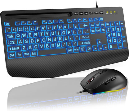 Wired Keyboard Mouse Combo – Large Print Backlit with Ergonomic Wrist Rest & 6-DPI RGB Mouse--www.Shopthatapp.ca-ebasketonline