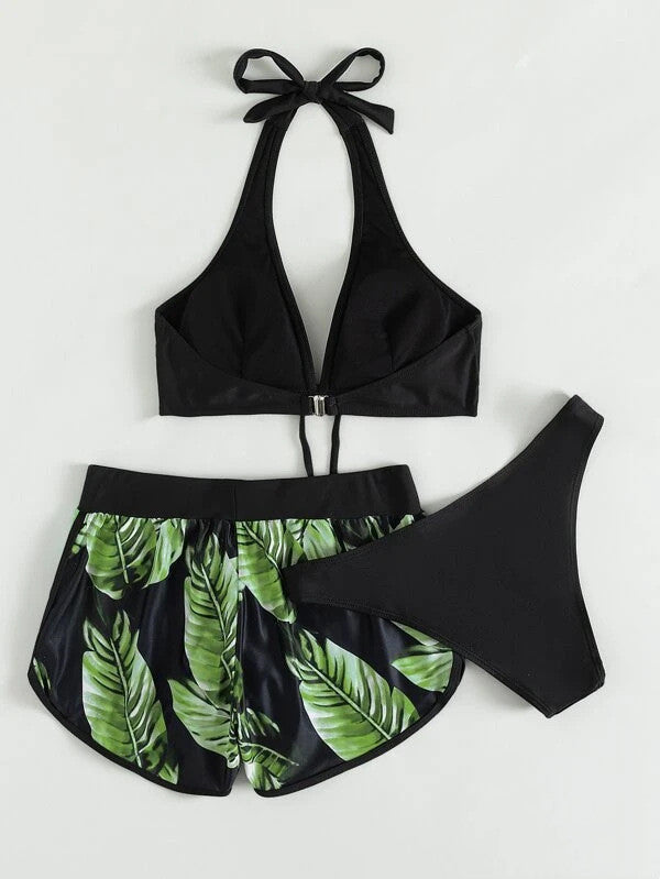 3pcs Leaf Print Bikini Swimsuit with Shorts for Women - Fashionable Summer Beach Outfit - Shopthatapp.ca