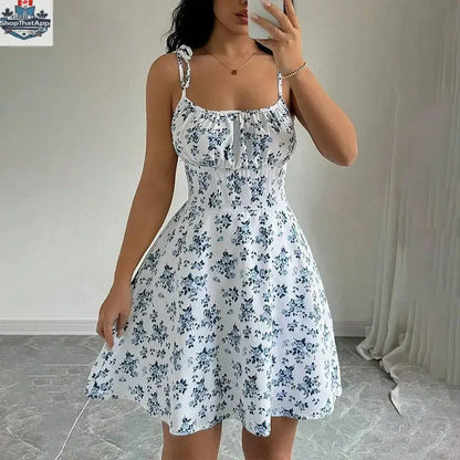 Floral Print Dress Summer Sweet A- Line Waist Trimming Dresses Women's Slimming Casual Clothing - Shopthatapp.ca