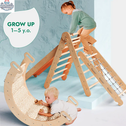 5in1 Montessori Climbing Frame Set: Triangle Ladder + Arch/Rocker + Slide Board/Ramp + Netting rope + Cushion - Shopthatapp.ca