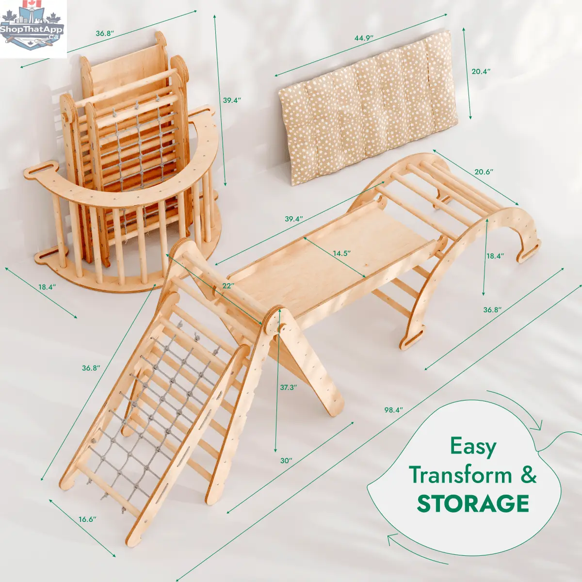 5in1 Montessori Climbing Frame Set: Triangle Ladder + Arch/Rocker + Slide Board/Ramp + Netting rope + Cushion - Shopthatapp.ca