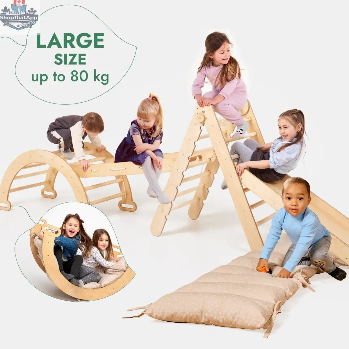 5in1 Montessori Climbing Frame Set: Triangle Ladder + Arch/Rocker + Slide Board/Ramp + Netting rope + Cushion - Shopthatapp.ca