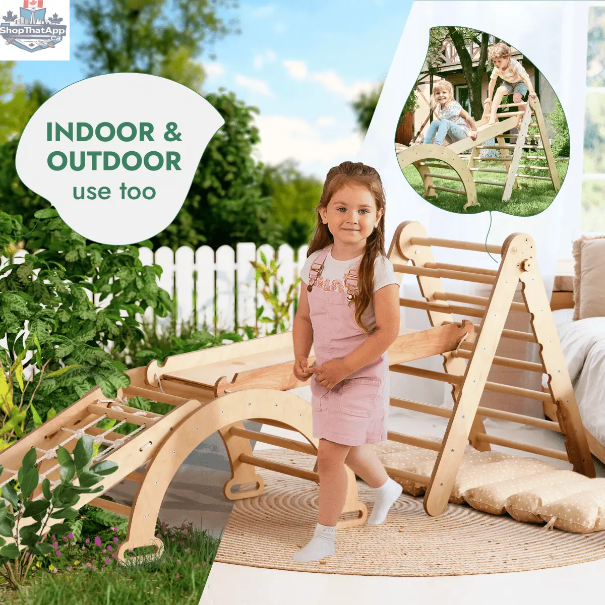 5in1 Montessori Climbing Frame Set: Triangle Ladder + Arch/Rocker + Slide Board/Ramp + Netting rope + Cushion - Shopthatapp.ca