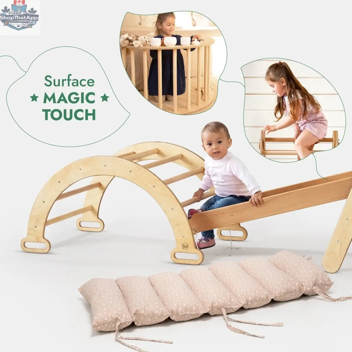 5in1 Montessori Climbing Frame Set: Triangle Ladder + Arch/Rocker + Slide Board/Ramp + Netting rope + Cushion - Shopthatapp.ca