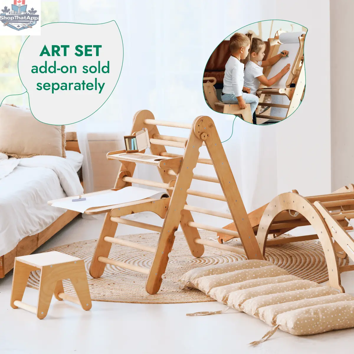 5in1 Montessori Climbing Frame Set: Triangle Ladder + Arch/Rocker + Slide Board/Ramp + Netting rope + Cushion - Shopthatapp.ca