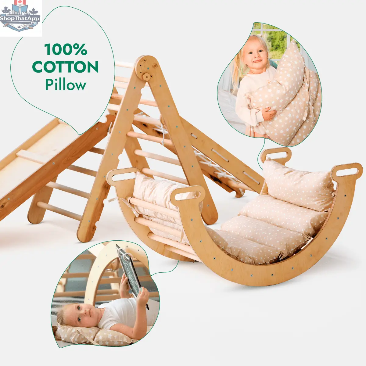 5in1 Montessori Climbing Frame Set: Triangle Ladder + Arch/Rocker + Slide Board/Ramp + Netting rope + Cushion - Shopthatapp.ca