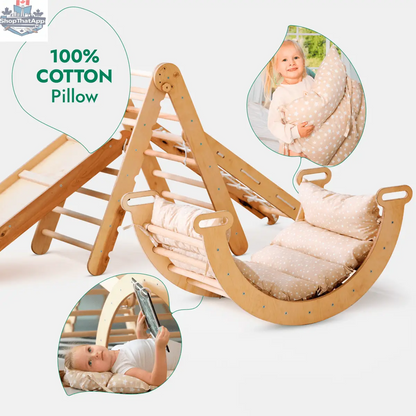 5in1 Montessori Climbing Frame Set: Triangle Ladder + Arch/Rocker + Slide Board/Ramp + Netting rope + Cushion - Shopthatapp.ca