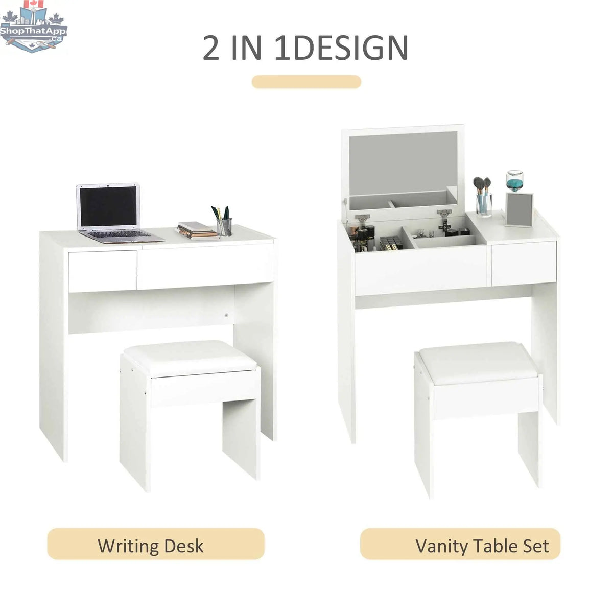 White Mia modern vanity set with flip top mirror, bedroom furniture by SLOTH Nation featuring a sleek design and spacious tabletop.