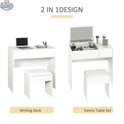 White Mia modern vanity set with flip top mirror, bedroom furniture by SLOTH Nation featuring a sleek design and spacious tabletop.