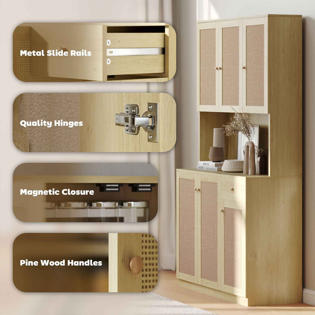 Milan Boho Kitchen Pantry Cabinet with Decorative Rattan Doors-Natural