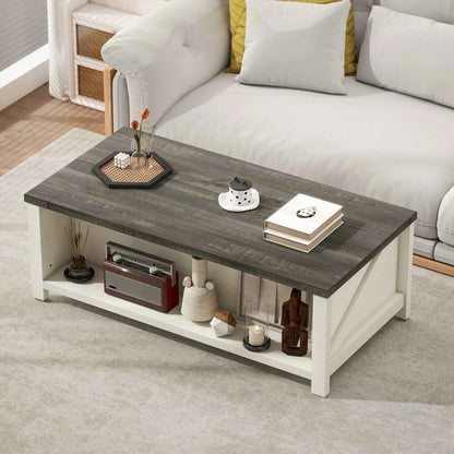 SLOTH Nation Lowen farmhouse coffee table with drawer and open shelf in distressed grey and white finish, showcasing a rustic furniture design.