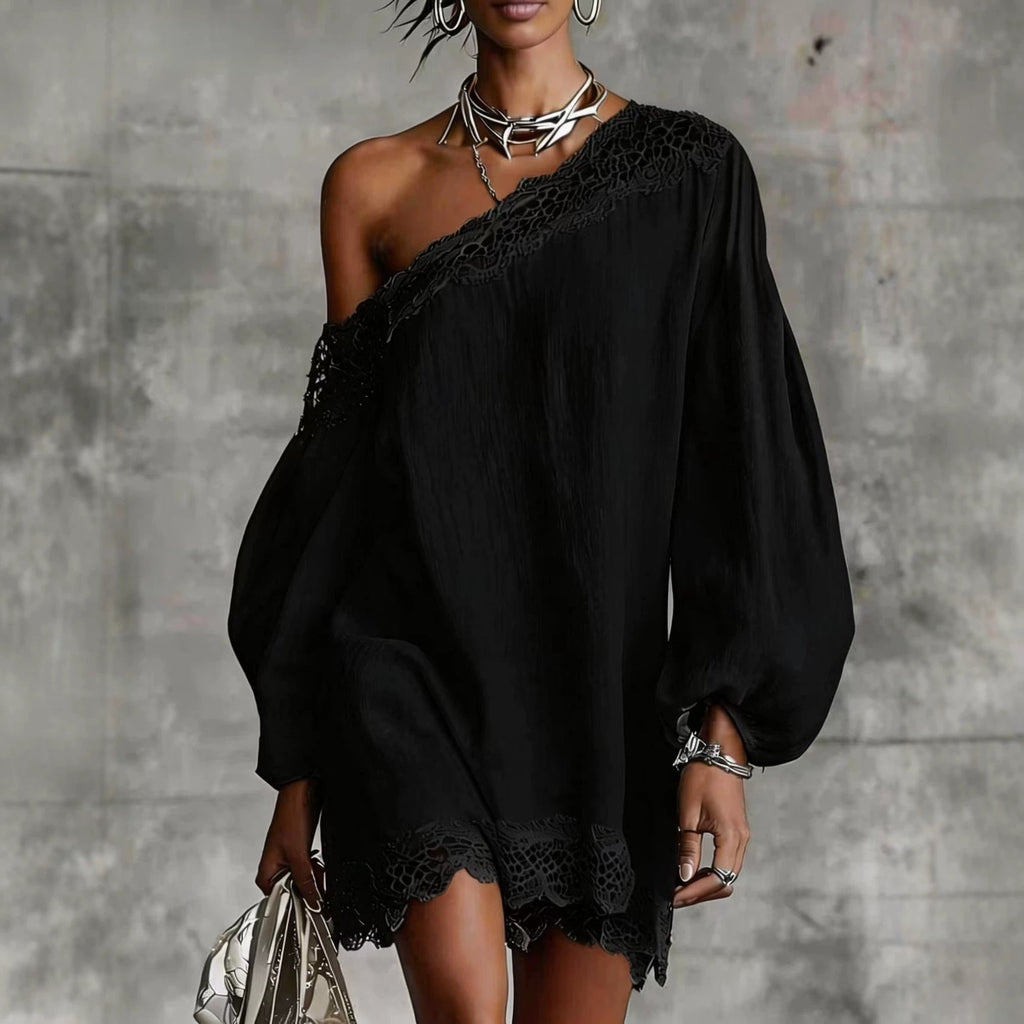 Women's Off-Shoulder Long Sleeve Mini Dress | Lace Trim Dress