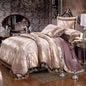 Luxury jacquard cotton bedding set by SLOTH Nation featuring a four-piece duvet cover and silk-satin finish bed sheet.