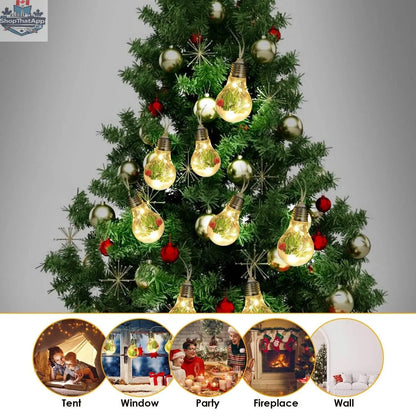 13.78FT Christmas snow globe string lights with 10 LED bulbs, pine needles, snowflakes, berries, and ultrasonic rodent repellent.