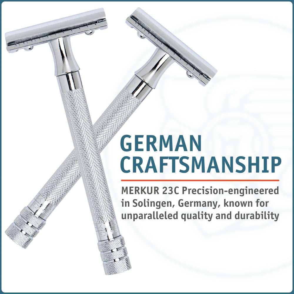 Merkur 23C Safety Razor - 3-Piece DE Razor with Closed Comb, Knurled Extra Long Handle in Chrome