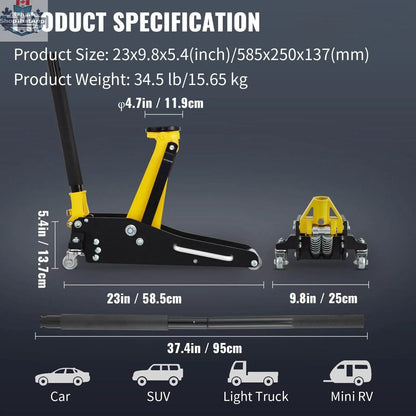 Aluminum steel 1.5 ton low profile racing car jack with dual lift mechanism, compact and durable for vehicle maintenance.