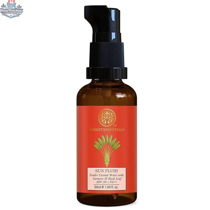 Forest Essentials Sun Fluid Coconut Water SPF 50 with Turmeric and Basil Leaf, a lightweight sunscreen in a sleek bottle.