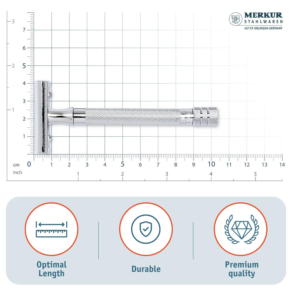Merkur 23C Safety Razor - 3-Piece DE Razor with Closed Comb, Knurled Extra Long Handle in Chrome