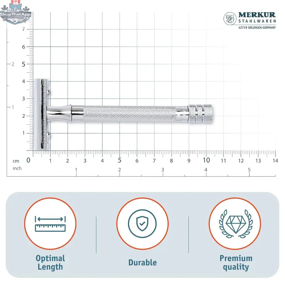 Merkur 23C Safety Razor - 3-Piece DE Razor with Closed Comb, Knurled Extra Long Handle in Chrome - Shopthatapp.ca