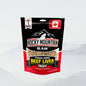 Freeze-dried beef liver treats for pets from ROCKY MOUNTAIN RAW, showing shiny, sliced beef liver pieces in a clear container.