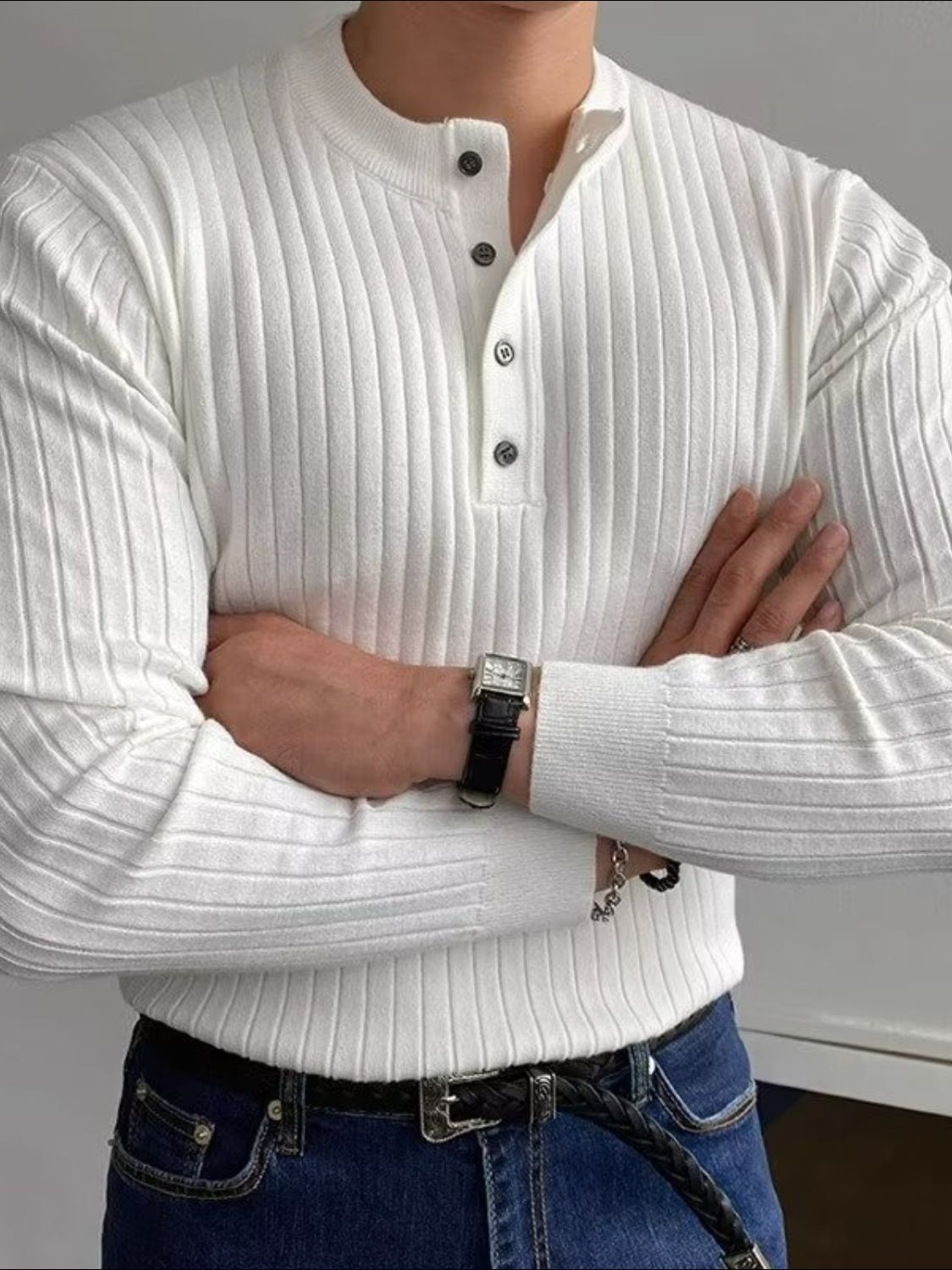 Button Detail Ribbed Knit Top for Men - Stylish Long Sleeve Design - Shopthatapp.ca