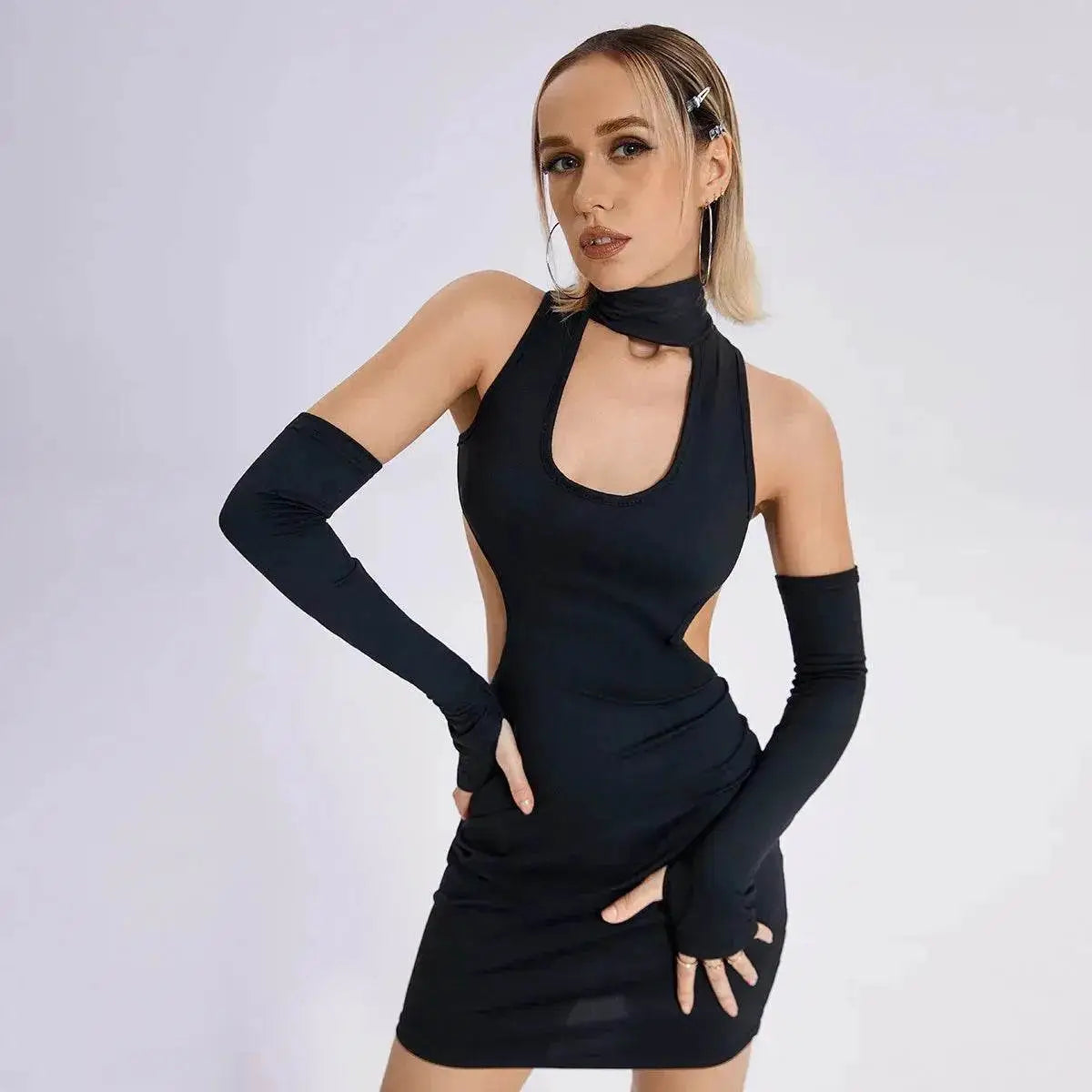Y2K fashion mini dress by EX-STOCK Canada, slim bodycon short party night dress with a stylish, fitted silhouette.