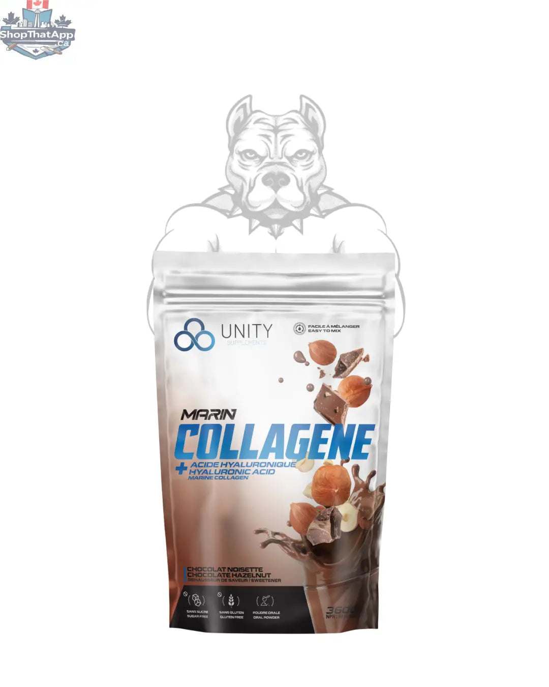 Unity Chocolate Collagen creamer from BulkBully Supplements, showing a container of collagen powder for skin health and joint flexibility.