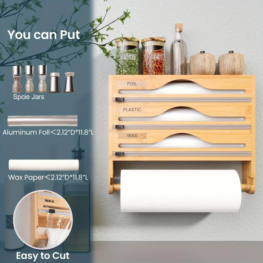3 grid Bamboo Wood Wall Mounted Food Wrap Dispenser