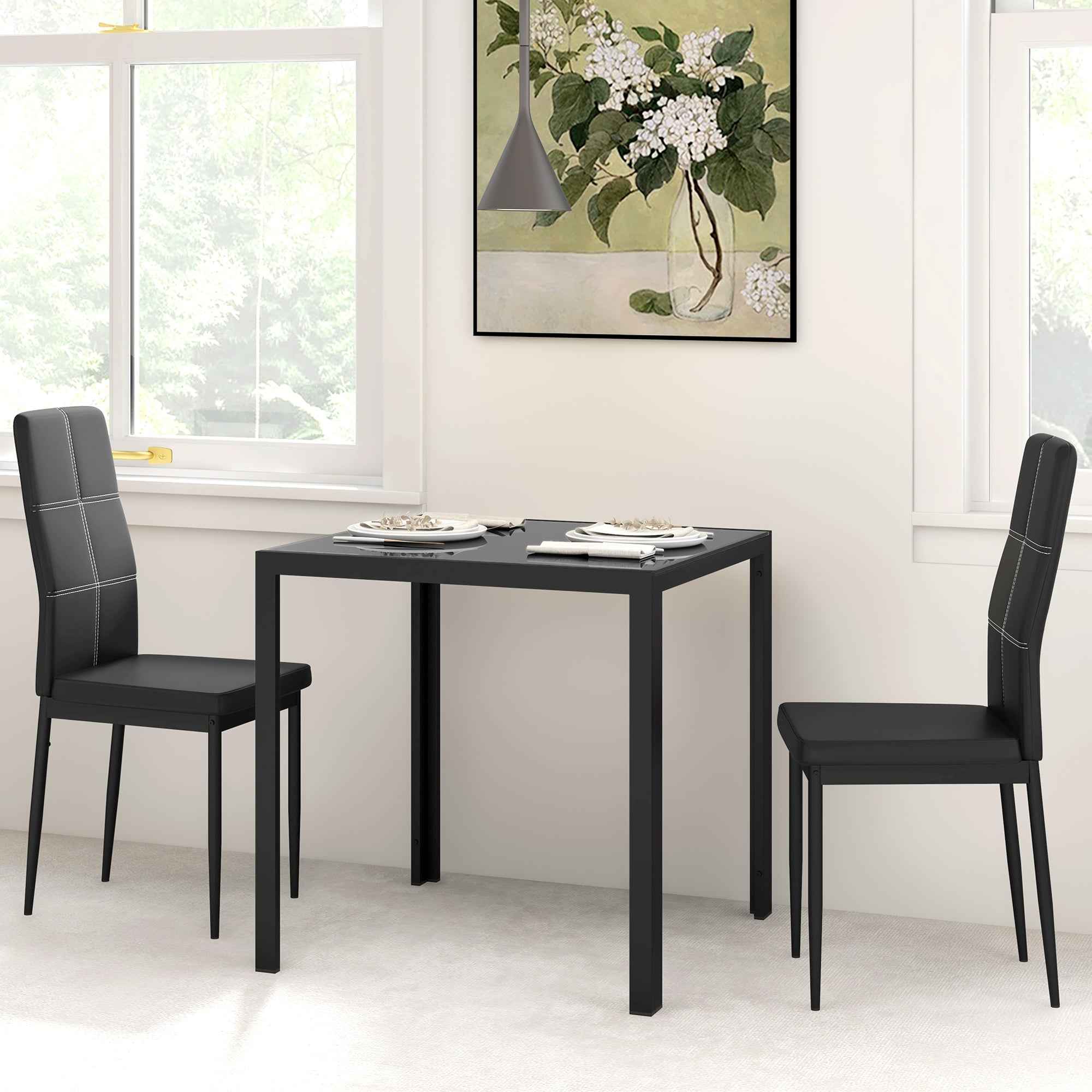 Zaya 3-Piece Rectangular Glass Dining Set for Small Spaces-Black