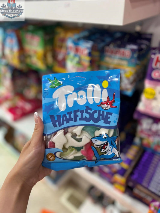 Germany Trolli Haifisch Gummy Candy in 150g package, colorful shark-shaped gummy sweets from Snack Bar Co.