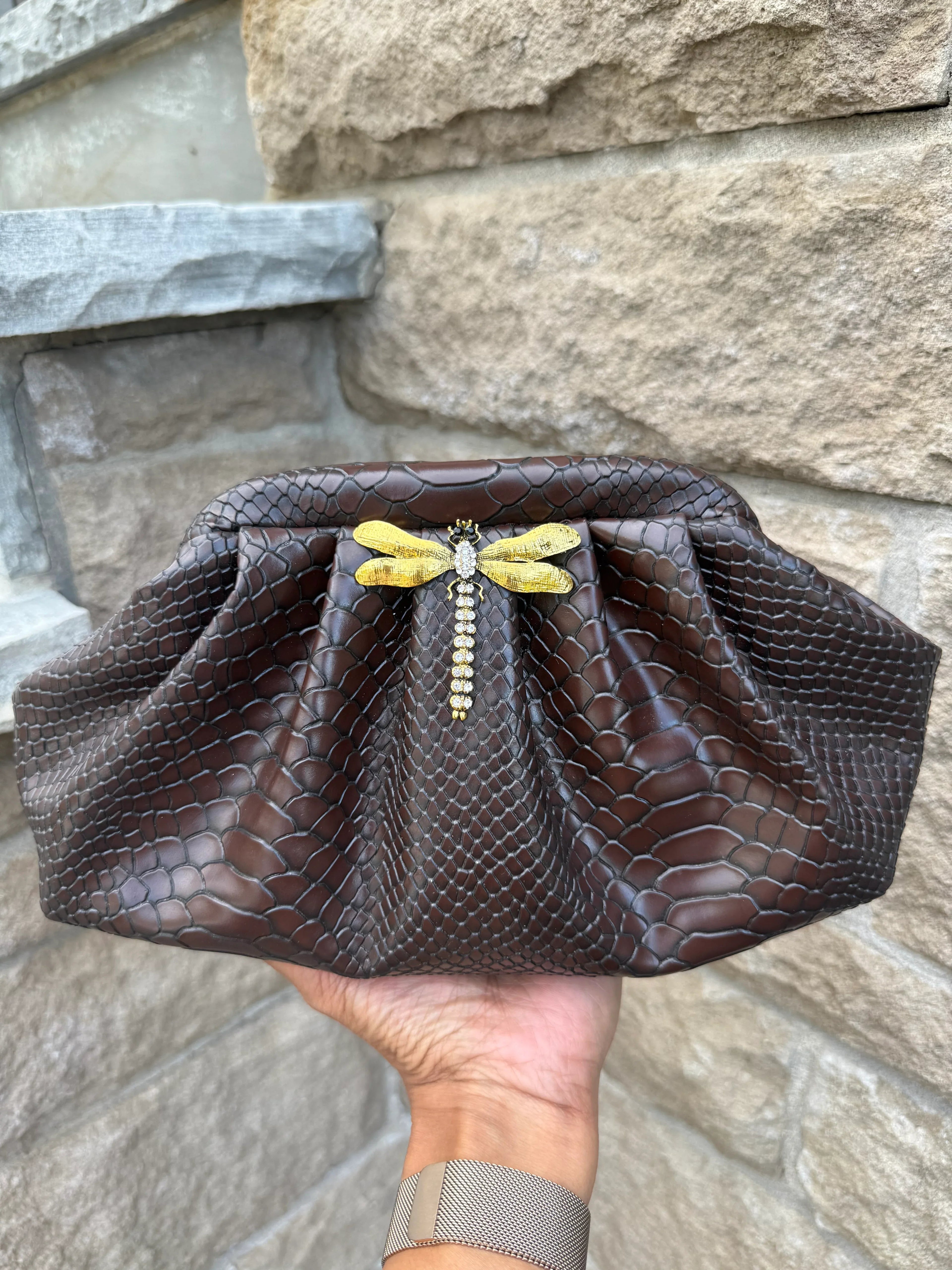 Midnight Dragonfly Croc Clutch