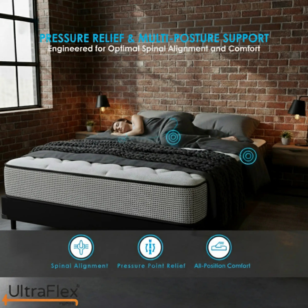 UltraFlex® DreamWeaver mattress and boxspring set with medium firm hybrid design, cooling gel foam, edge support, and hypoallergenic comfort.