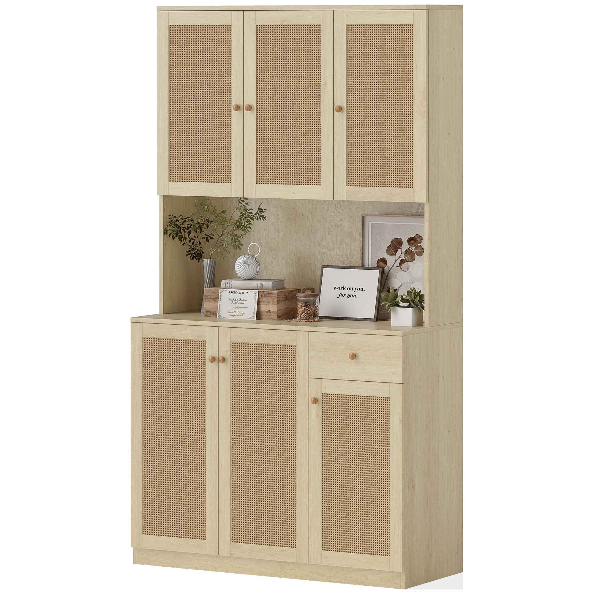 Milan Boho Kitchen Pantry Cabinet with Decorative Rattan Doors-Natural