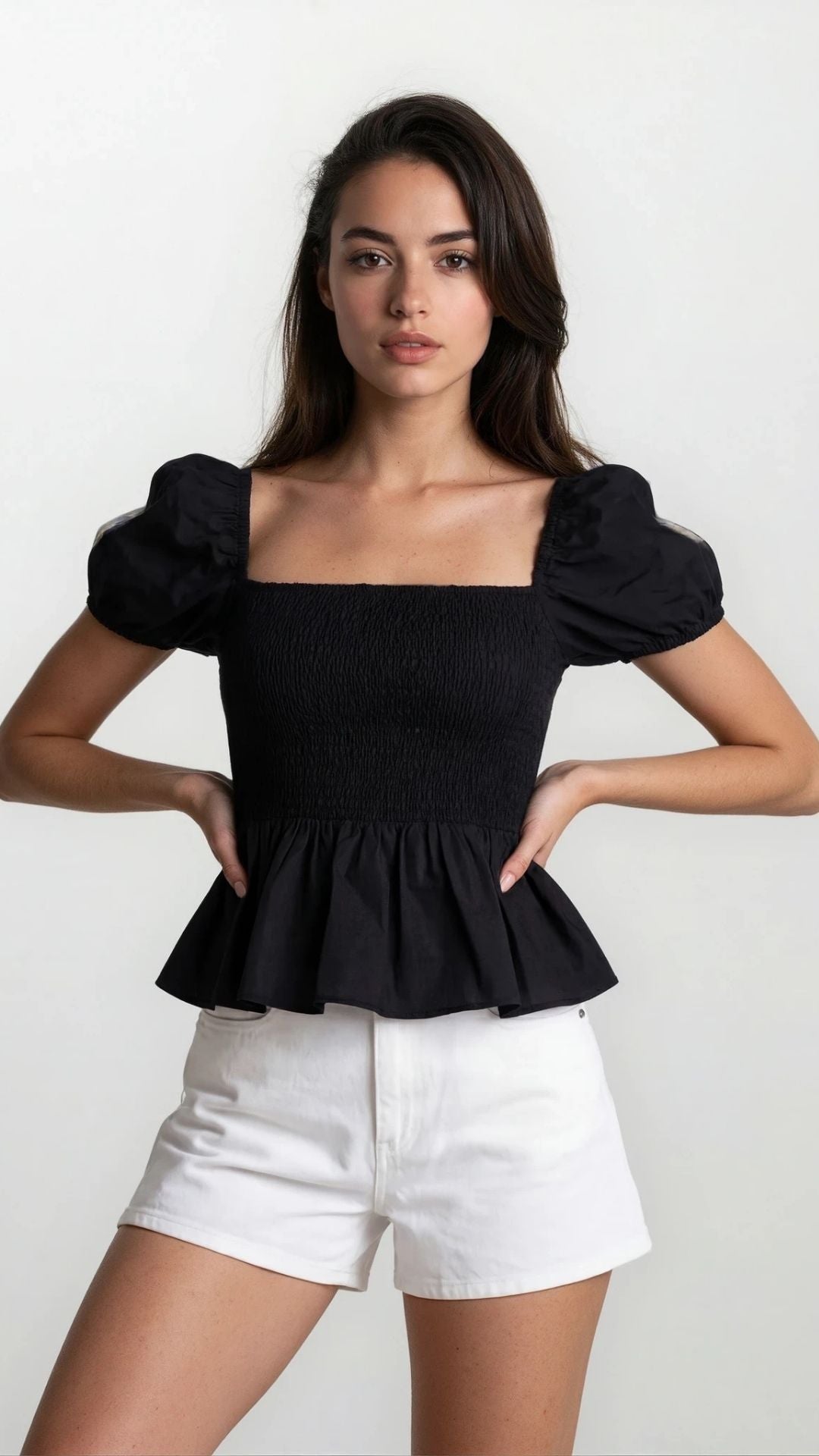 Sera Cotton Poplin Puff Sleeve Blouse - Black Peplum Top - Shopthatapp.ca