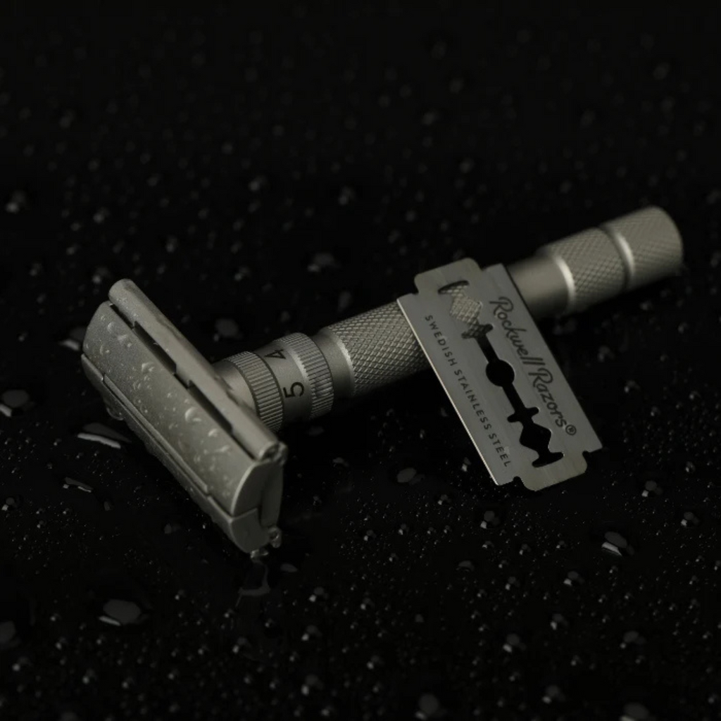 Rockwell T2 Adjustable DE Safety Razor - Matte Silver Stainless Steel Twist-To-Open Design