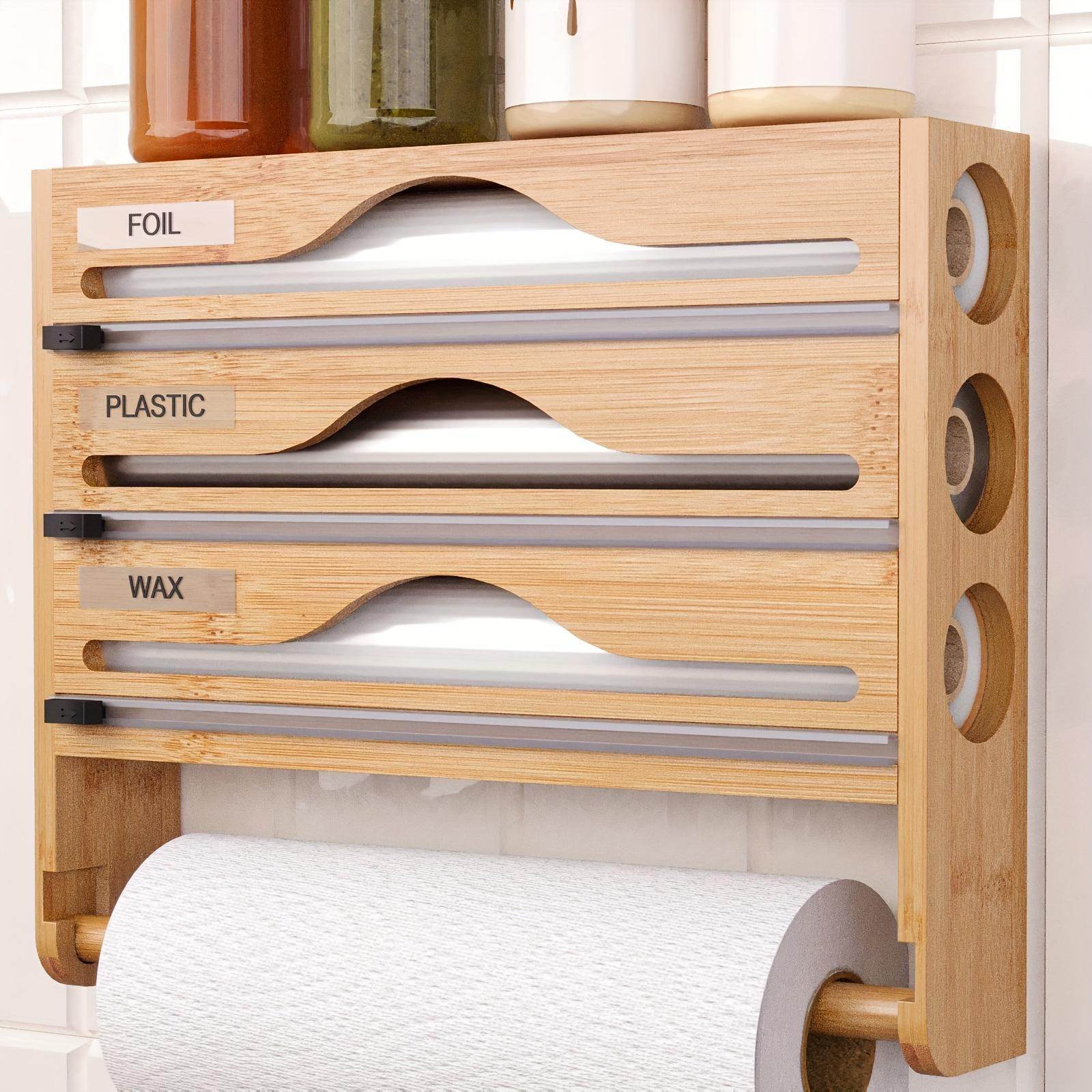3 grid Bamboo Wood Wall Mounted Food Wrap Dispenser