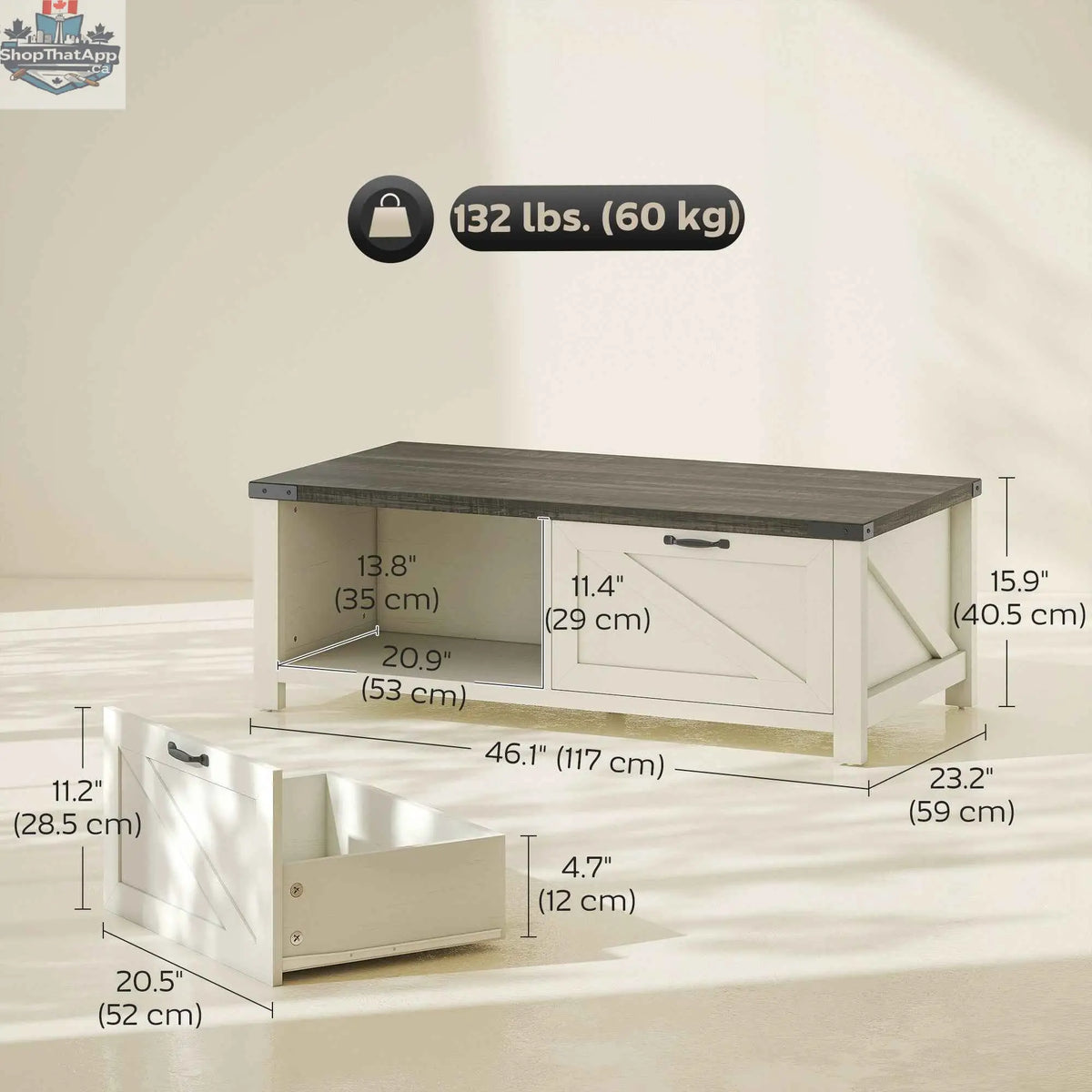 Lowen farmhouse coffee table from SLOTH Nation with drawer and open storage shelf in distressed grey and white finish.