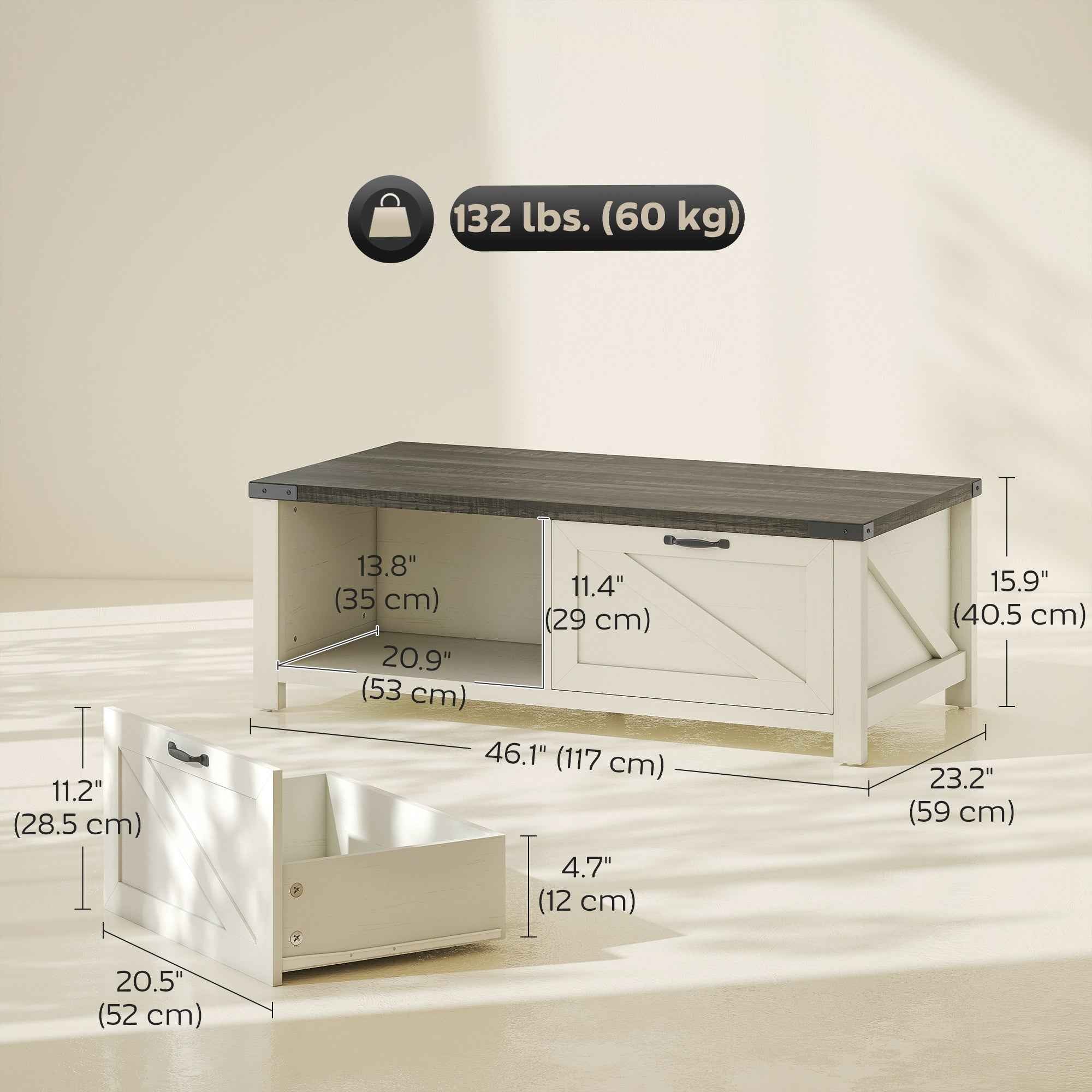 Lowen Farmhouse Coffee Table with Drawer and Open Storage Shelf-Distressed Grey/White