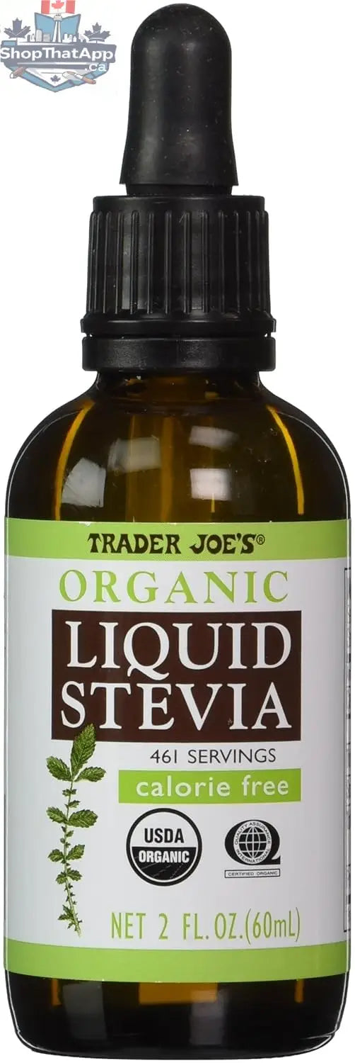Vancou-Vert Trader Joe's Organic Stevia Liquid Sweetener 60mL bottle with clear label and green cap on white background.