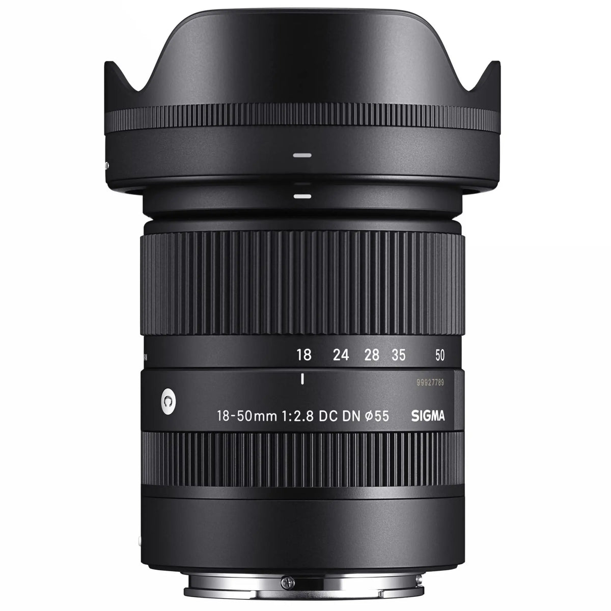 Black 18-50mm F2.8 DC DN Sony E lens with zoom and aperture rings, compact design, suitable for Sony mirrorless cameras.